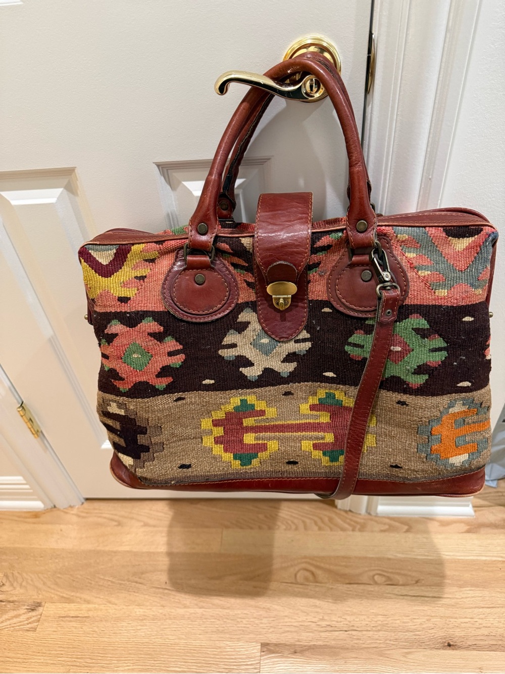 Yun Art  Multicolor Kilim Weekender Bag with Brown Leather Trim